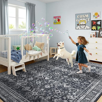 Lofus 8x10 Area Rug for Living Room,Black Washable Area Rugs with Non-Slip Backing,Soft Boho Carpets for Bedroom Dining Room Home Office Indoor Nursery