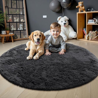 OLANLY Black Round Rugs for Bedroom - Machine Washable, 6 ft Circle Area Rugs for Living Room, Soft and Fluffy Shaggy Carpet for Teen Girls and Boys, Nursery Rooms, Dorms, Home Decor Aesthetic
