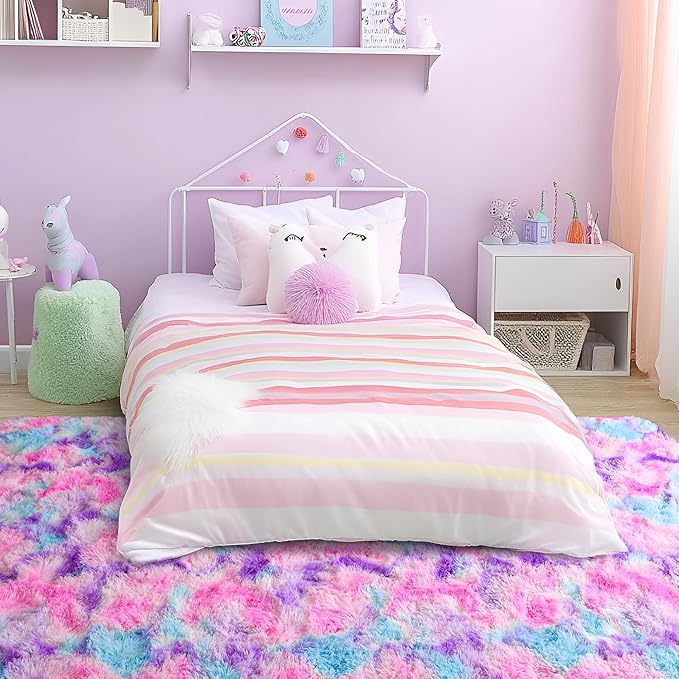 Tepook Soft Rainbow Rug for Girls Room, Cute Fluffy Girls Bedroom Rugs, 4x6 Feet Shaggy Princess Rug Colorful Carpet for Kids Teens Toddler Playroom Nursery Reading Nook, Hot Pink
