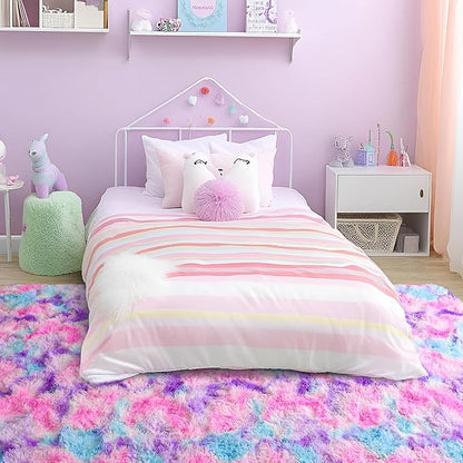 Tepook Soft Rainbow Rug for Girls Room, Cute Fluffy Girls Bedroom Rugs, 4x6 Feet Shaggy Princess Rug Colorful Carpet for Kids Teens Toddler Playroom Nursery Reading Nook, Hot Pink