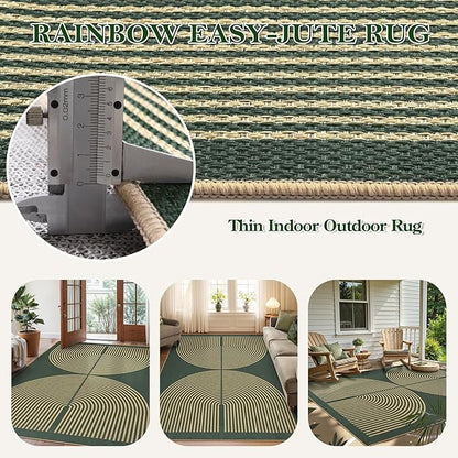 Lahome Enfys Modern Rainbow Easy Jute Indoor Outdoor Rugs, 5x7 Dark Green Rug for Living Room Office, Farmhouse Non Slip Non Shedding Floor Carpet for Dining Room Deck Sunroom