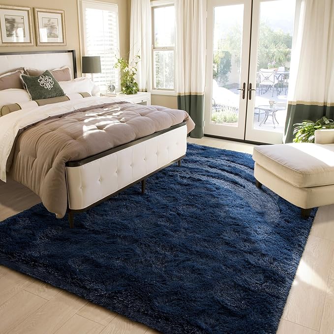 Amearea Shag Fluffy Area Rug for Kids Bedroom Living Room, Extra Soft and Fuzzy Shaggy Rugs, Non Slip, Solid Color Carpet Mat for Girls Nursery Home, Navy Blue 5x7.5 Feet