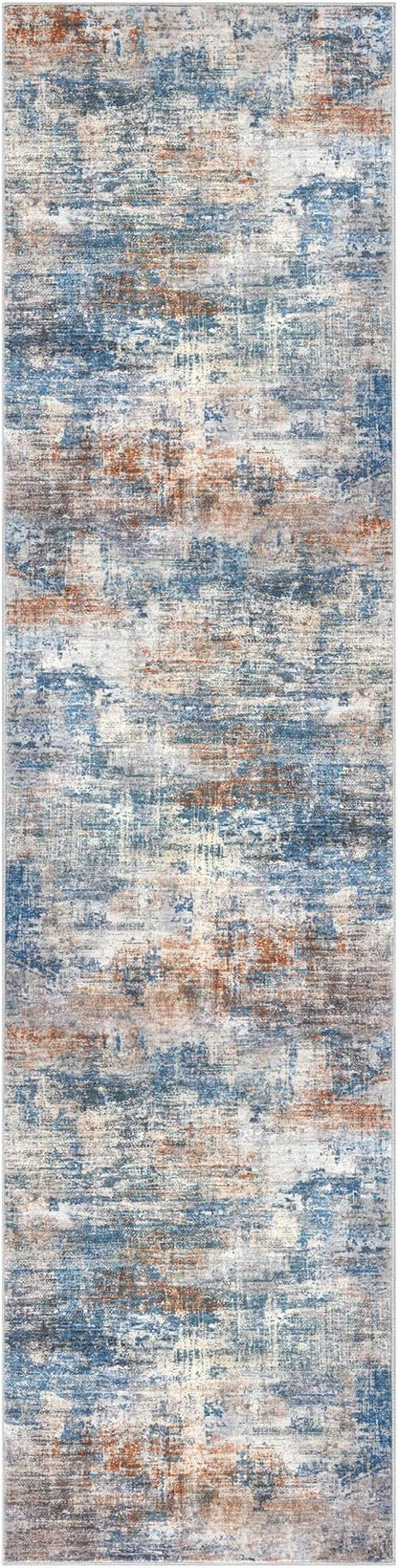 IOHOUZE Abstract Runner Rug 3x10 Ft Washable Runners for Hallways, Non Slip Kitchen Runner Printed Faux Wool Entryway Runner Indoor, Modern Abstract Floor Carpet for Hall Bedroom, Blue Rust