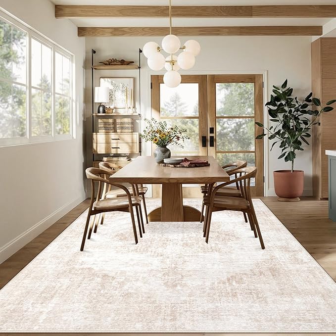 Area Rug 9x12 Vintage Rugs: Large Washable Living Room Rug Retro Medallion Distressed Soft Low Pile Non-Slip Rugs Indoor Floor Carpet for Bedroom Dining Table Office (Beige/Brown,9'x12')