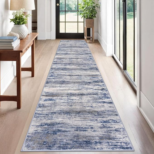 KOZYFLY Modern Abstract Hallway Runner, 2x12 Washable Rug Runner Non-Slip Soft Striped Kitchen Runner Rug, Grey Blue Print Carpet for Entryway Bathroom Laundry Room Foyer