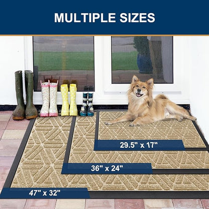 Smiry Front Door Mat Outside Entrance, Heavy Duty Sturdy Natural Rubber Doormat, Trap Dirt and Moisture, Easy Clean Low Profile Mats for Indoor Outdoor Entry, Grid Geometric (71x23, Beige)