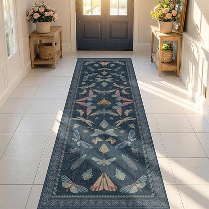 Vintage 2'6"x8' Kitchen Rugs Washable, Non Slip 8ft Long Rugs for Hallway, Stain Resistant Indoor Mats for Entryway, Dark Blue Insect Moth Home Décor, Low Pile & Soft