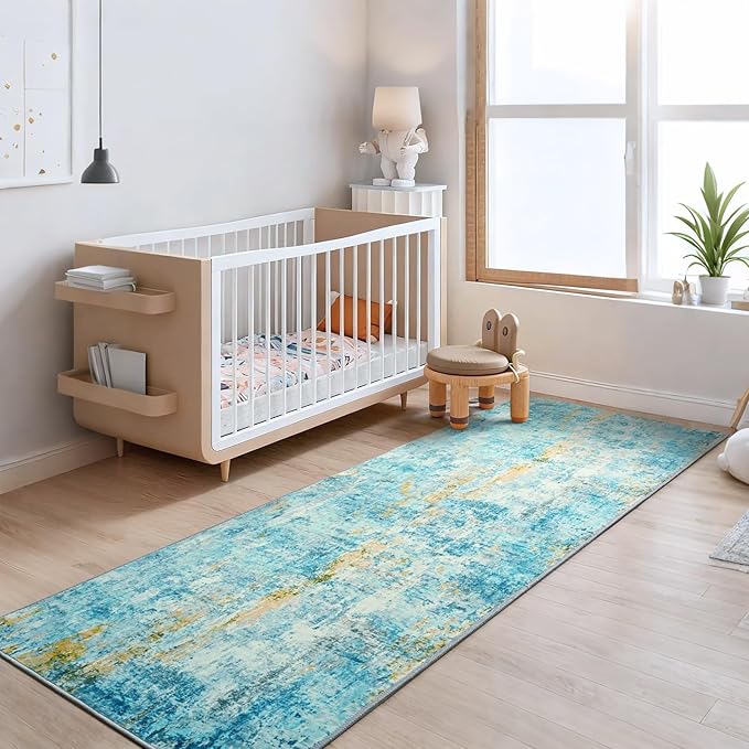 Runner Rug for Kitchen Teal Blue Hallways Runner Rug Non Slip 2'6''x8' Washable Long Runner Rugs with Rubber Backing Soft Abstract Carpet Runner for Entryway, Kitchen, Bedroom, Bathroom