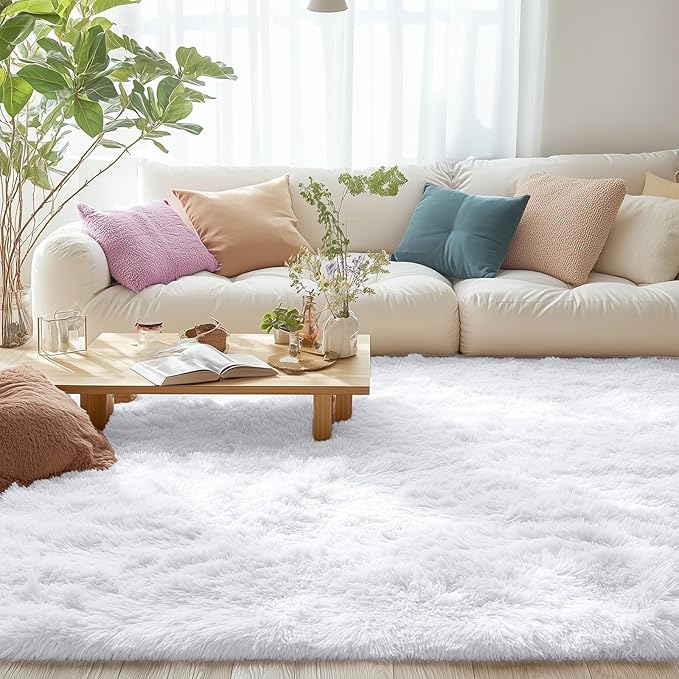 OLANLY 7x8 Machine Washable Large Area Rugs for Living Room, Bedroom, Soft Fluffy Shaggy Bedside Rug, Indoor Floor Carpet for Kids Girls and Boys, Dorms, Nursery, Home Decor Aesthetic, White