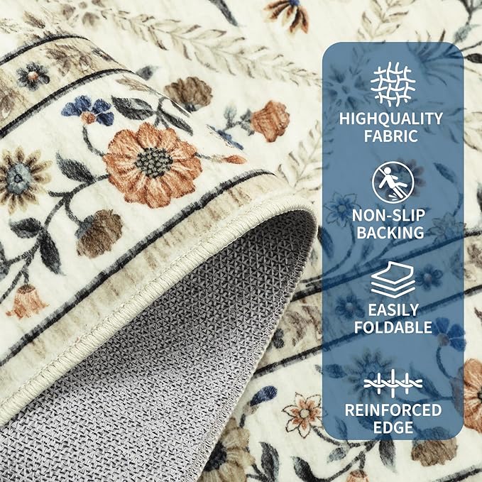 Large Entryway Rug 3x5 Floral Washable Area Rugs Vintage Soft Non-Slip Small Floor Carpet Doormat Stain Resistant Low-Pile Ultra-Thin Entry Mat for Bedside Kitchen Beige