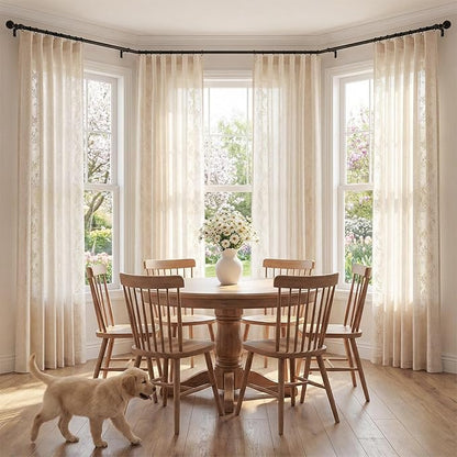 jinchan Evelyn Embroidered Linen Curtains for Living Room Farmhouse Floral Curtains for Bedroom Semi Sheer Light Filtering Window Drapes Rod Pocket Back Tab 2 Panels W50 x L96 Ivory