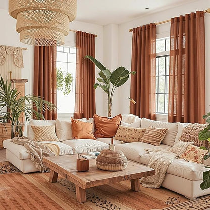 MYSKY HOME Curtains for Living Room 84 Inches Long Light Filtering Semi Sheer Curtains Bedroom Window Drapes Privacy Back Tab Farmhouse Rustic Boho Modern Country, Terracotta, 50" x 84", 2 Panels