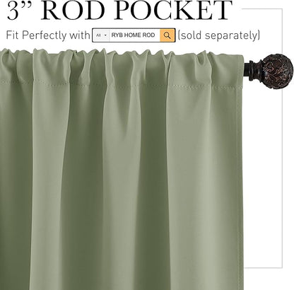 RYB HOME Blackout Curtains for Bedroom Living Room 63 inches Long, Thermal Insulated Privacy Rod Pocket Drapes for Nursery Office Home Theater, Width 42 by Length 63, Sage Green, 2 Panels