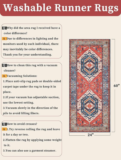 SERISSA Boho Washable Runner Rug, 2x5 Non-Slip Vintage Rust Hallway Kitchen Runner Rug Ultra Soft Print Distressed Tribal Floor Carpet for Bedroom Bathroom Laundry Living Room