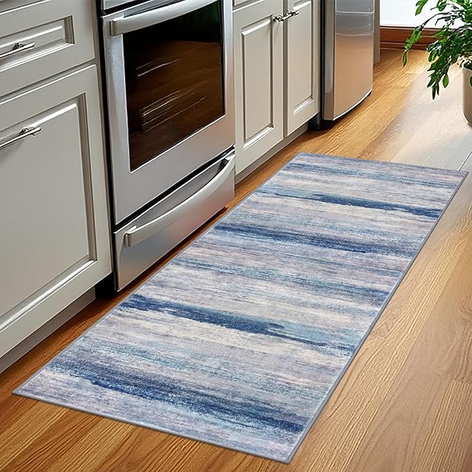 KOZYFLY Modern Abstract Washable Rug Runner 2x5 Hallway Rug Runner Non-Slip Soft Kitchen Runner Rugs, Blue/Grey/Beige Striped Carpet for Entryway Bathroom Laundry Room Foyer