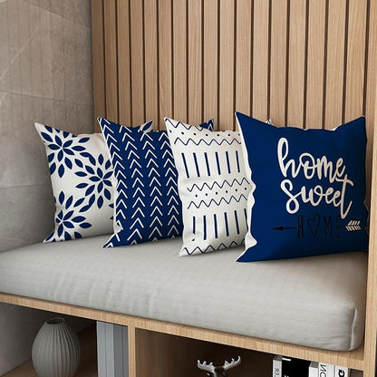 YCOLL Pillow Covers 16x16 Set of 4, Modern Sofa Throw Pillow Cover, Decorative Outdoor Linen Fabric Pillow Case for Chair Sofa Couch Bed Car, Dark Blue