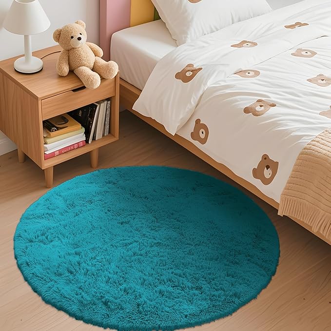 OLANLY Teal Round Rugs for Bedroom - Machine Washable, 3 ft Circle Area Rugs for Living Room, Soft and Fluffy Shaggy Carpet for Teen Girl and Boys, Nursery Rooms, Dorms, Home Decor Aesthetic