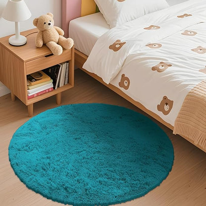 OLANLY Teal Round Rugs for Bedroom - Machine Washable, 3 ft Circle Area Rugs for Living Room, Soft and Fluffy Shaggy Carpet for Teen Girl and Boys, Nursery Rooms, Dorms, Home Decor Aesthetic