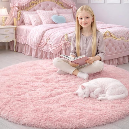 Amdrebio Pink Round Area Rugs 8Ft for Living Room, Bedroom Decor, Soft Large Circle Rug for Kids Room, Teen Girls, Fluffy Big Carpets for Baby Nursery, Dorm, Classroom, Cute Kawaii Princess Carpet