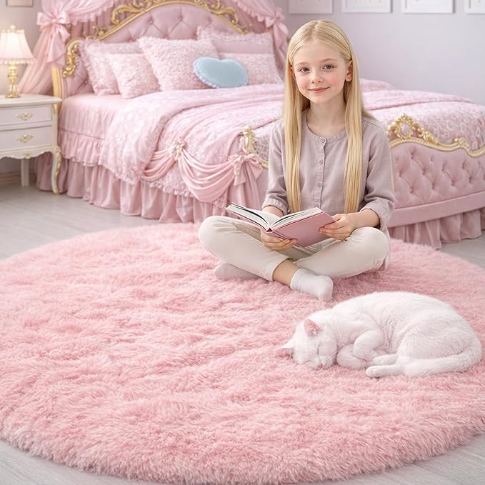 Pink Fluffy Round Rug 5Ft for Girls Bedroom Decor Aesthetic, Shaggy Circle Area Rugs for Kids Room Living Room, Cute Fuzzy Carpet for Nursery, Dorm, Classroom, Teen, Princess, Comfy Baby Playroom Rug