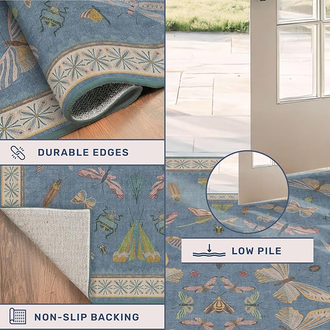 Blue Insect 2'6'' Wide 8' Long Hallway Runner Rug - Washable Kitchen Sink Rug, Non Slip Runner Rug for Entryway, Colorful Vintage Print Home Décor