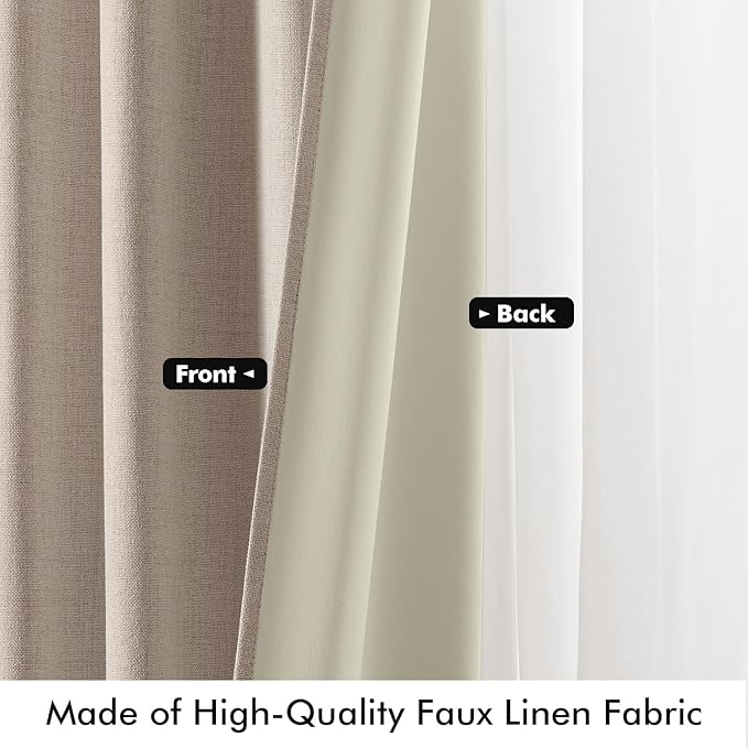 MIULEE 100% Blackout Linen Curtains for Bedroom, Beige Solid Luxury Decor Thermal Insulation Room Darkening Drapes for Living Room Nursery Back Tab Rod Pocket 42 x 72 Inches, 2 Panels