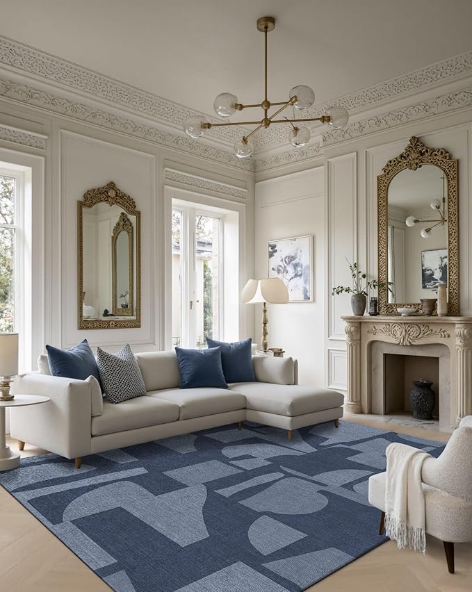 Latte&Fog 5x7 Area Rugs for Living Room Bedroom, Modern Abstract Washable Rug, Boho Non Slip Low Pile Carpet for Indoor Dining Room, Dorm, Classroom, College Dorm, Farmhouse and Kids Room - Navy Blue