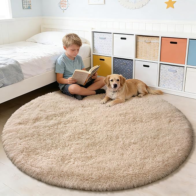 yulidayang Fluffy Round Area Rugs for Bedroom,3'X3'Shag Circle Area Rugs for Girls Room,Non Slip Fuzzy Plush Rug for Kids Room Living Room and Dorm Home Decor Rug,Beige