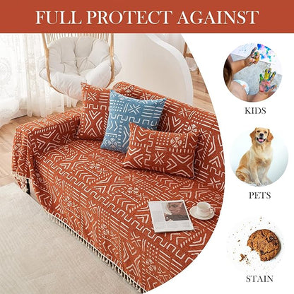 HANDONTIME Boho Aztec Sofa Slipcover for Sofa/Couch Farmhouse Geometric Couch Protector for Dogs with Tassel Brick Orange Couch Covers Sofa Cover for Dogs Cats Kids Bohemian Sofa Décor, 71" X134"