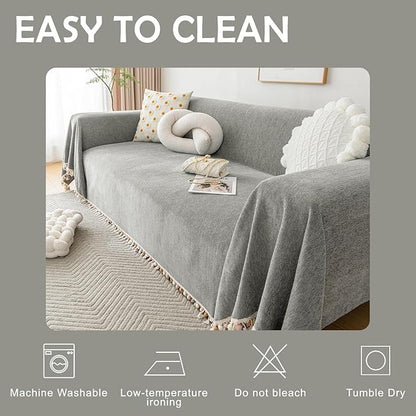 HANDONTIME Couch Slipcovers for Sofas Dark Grey Couch Cover Sofa Cover for Dogs Boho Pet Couch Protector with Tassel Chenille Herringbone Couch Cover for 2 3 Seat Washable Pet Friendly, 71" X118"