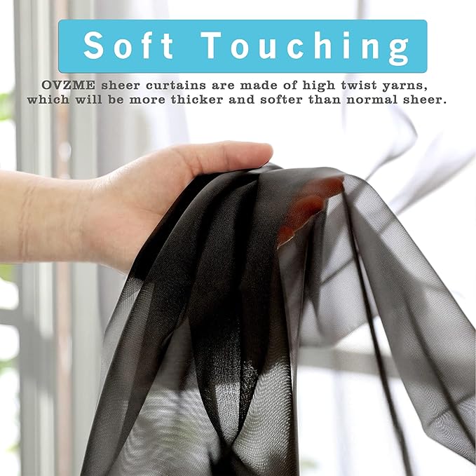 OVZME Black Sheer Curtains 36 inches Long, Short Kitchen Window Treatment Solid Sheers Cafe Curtains Tiers Voile Half Window Curtains 2 Panels for Kitchen Room Laundry, Rod Pocket, 42" Wx36 L