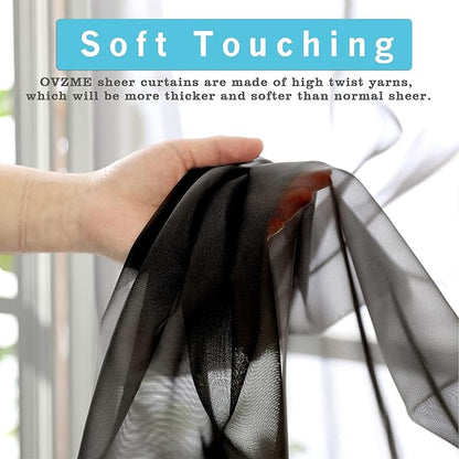 OVZME Black Sheer Curtains 36 inches Long, Short Kitchen Window Treatment Solid Sheers Cafe Curtains Tiers Voile Half Window Curtains 2 Panels for Kitchen Room Laundry, Rod Pocket, 42" Wx36 L