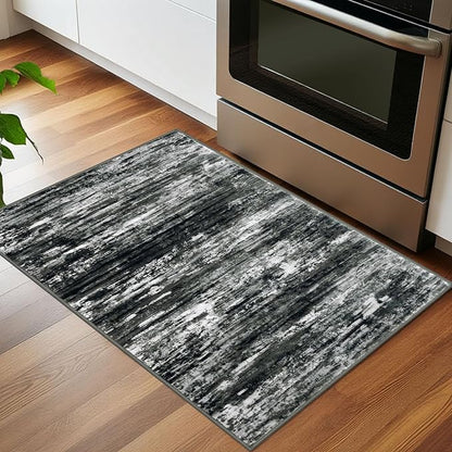 KOZYFLY Modern Abstract Entryway Rugs 2x3, Washable Kitchen Rug Non-Slip Soft Small Bathroom Rug, Black Grey Striped Small Area Rugs Print Faux Wool Doormat for Bedside Entrance Bedroom Sink
