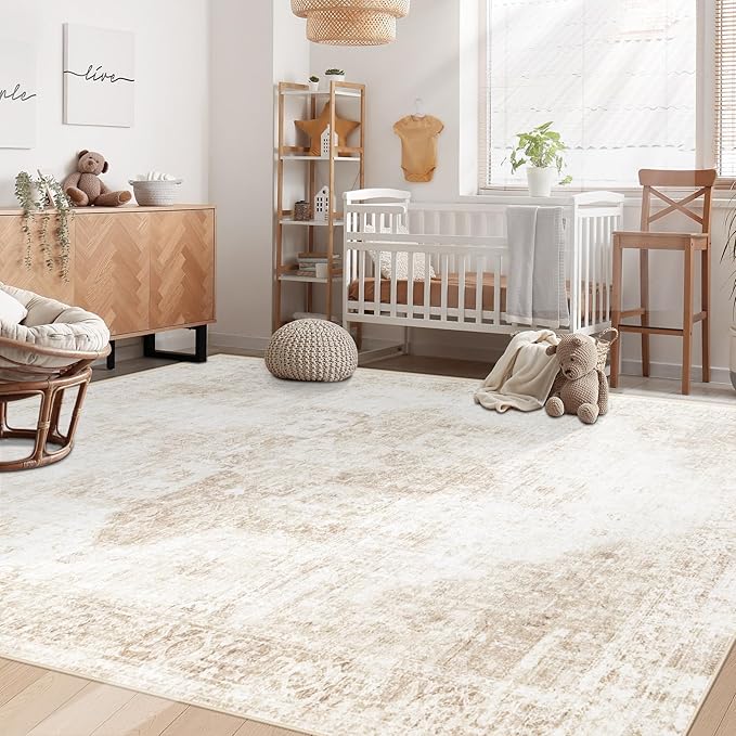 Area Rug 6x9 Washable Rug, Vintage Boho Medallion Rugs Non-Slip Soft Low Pile Large Distressed Rug Indoor Retro Carpet for Living Room Bedroom Dining Room Home Office (Beige, 6'x9')
