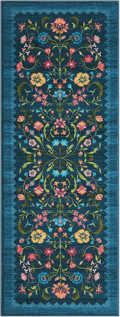 GarveeHome Floral Rug 2.5x8 Runners for Hallways, Boho Kitchen Runner Rugs Non Slip Bath Runners, Vintage Washable Runner Rug for Bedroom, Soft Long Rugs for Entryway Bathroom Laundry Dorm, Blue