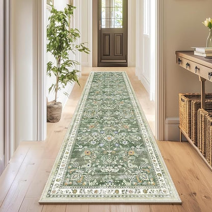 Yamaziot Washable Runner Rug 2x8 – Non Slip Boho Floral Hallway Runner Rug with Rubber Backing, Low Pile Wool Distressed Carpet for Kitchen, Laundry, Bedroom, Entrance, Mottled Green