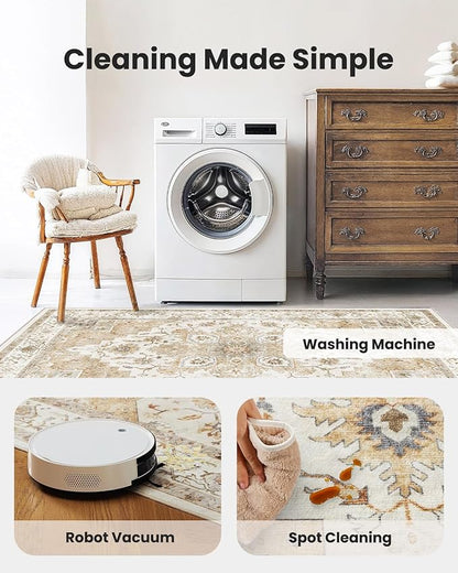 AMADA HOMEFURNISHING Round 6ft Area Rugs, Low-Profile Washable Rug with Non-Slip Backing & Durable Edge Binding, Vintage Rugs for Living Room, Bedroom, Dinning Room