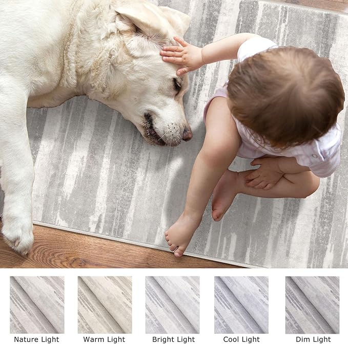 Lansny Modern Abstract Runner Rug 2x5, Neutral Light Beige and Grey Washable Entryway Kitchen Non-Slip Soft Hallway Runner Thin Print Faux Wool Carpet for Bedroom Laundry Room Indoor