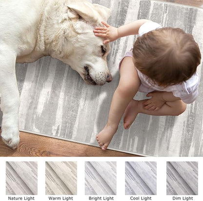 Lansny Modern Abstract Runner Rug 2x5, Neutral Light Beige and Grey Washable Entryway Kitchen Non-Slip Soft Hallway Runner Thin Print Faux Wool Carpet for Bedroom Laundry Room Indoor