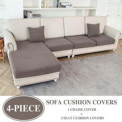 Couch Cushion Covers for Sectional Sofa L Shape Washable Separate Seat Chaise Couch Cover Stretch Sofa Slipcovers with 2 Pcs Pillowcases(3 Seater + 1 Chaise, Taupe)