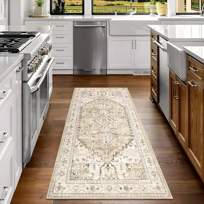 Yamaziot Washable Runner Rug, 3x6 Non-Slip Boho Vintage Hallway Rug with Rubber Backing, Low Pile Faux Wool Distressed Carpet Runner for Bedroom, Kitchen, Laundry, Entrance