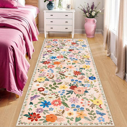 Runner Rug for Entryway: 2x6 Kitchen Rugs Non Slip Washable Ultra-Thin Soft Floral Carpet Indoor Floor Stain Resistant Carpets for Hallway Bedroom Kitchen Laundry Bathroom Dorm Beige
