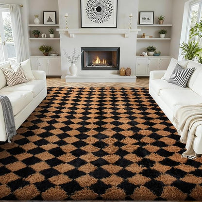 Ophanie Checkered Black & Beige Rhombus Rugs for Living Room Bedroom, Fluffy Soft Fuzzy Area Rugs, Plush Shaggy Bedside Floor 8x10 Furry Carpet for Kids Baby Teen Dorm Nursery Home Decor Aesthetic