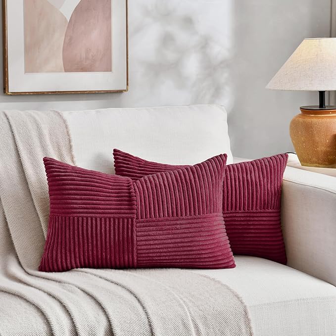 Fancy Homi 2 Packs Burgundy Lumbar Decorative Throw Pillow Covers 16x28 Inch for Living Room Couch Bed, Farmhouse Boho Home Decor, Soft Striped Corduroy Rectangle Accent Cushion Case 40x70 cm