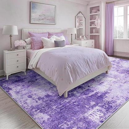Washable Area Rugs Square 8ft Non-Slip Modern Abstract Soft for Living Room Entryway Bedroom Nursery, Print Pattern, Purple Gray Pink White