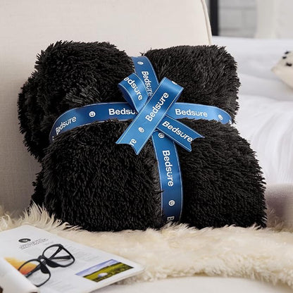 Bedsure GentleSoft Fluffy Black Blankets Queen Size for Bed, Thick Sherpa Faux Fur Fleece Fuzzy Plush Winter Warm Soft Full Queen Blankets, Bedroom Decor Black Gifts Cozy Gifts for Women Men, 90x90