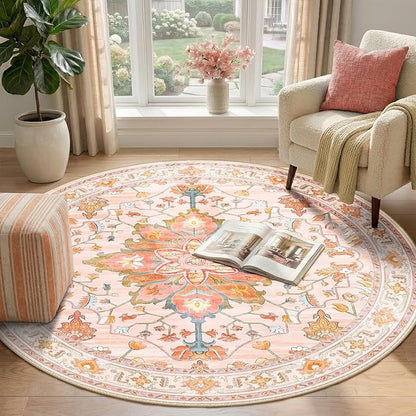 RELEANY Area Rugs 4ft Washable Non-Slip, Floral Vintage Distress Print Pattern Medallion Carpet for Living Room Bedroom Dining Room, Light Pink Colorful