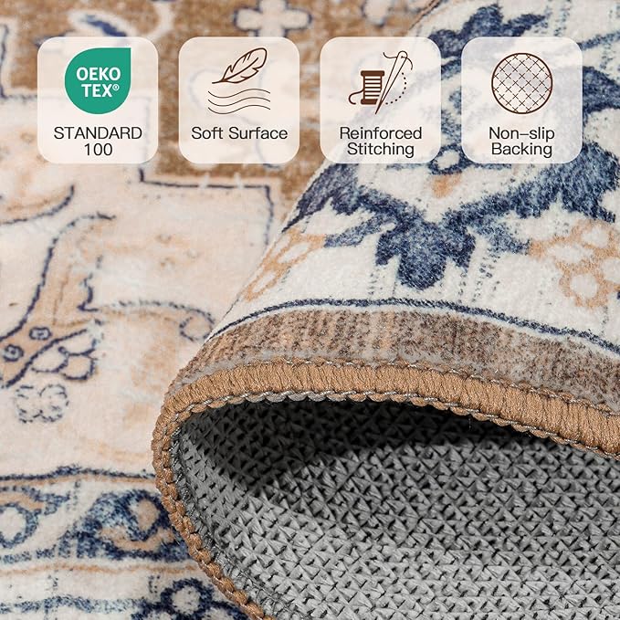 Lofus 4ft Area Rugs for Living Room, Washable Area Rug, Rugs for Bedroom, Kitchen, Vintage Boho Carpet, Soft Non-Slip, Low Pile Large Area Rug for Office Dining Room, Floral Brown
