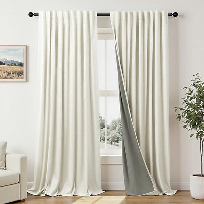 Extra Wide Room Darkening 90 Inch Curtains 2 Panels for Living Room Ivory Cream Colored Linen Blackout Curtain for Bedroom Windows 120 to 140 Privacy Thermal Window Drapes Back Tab Pocket 70x90 Long