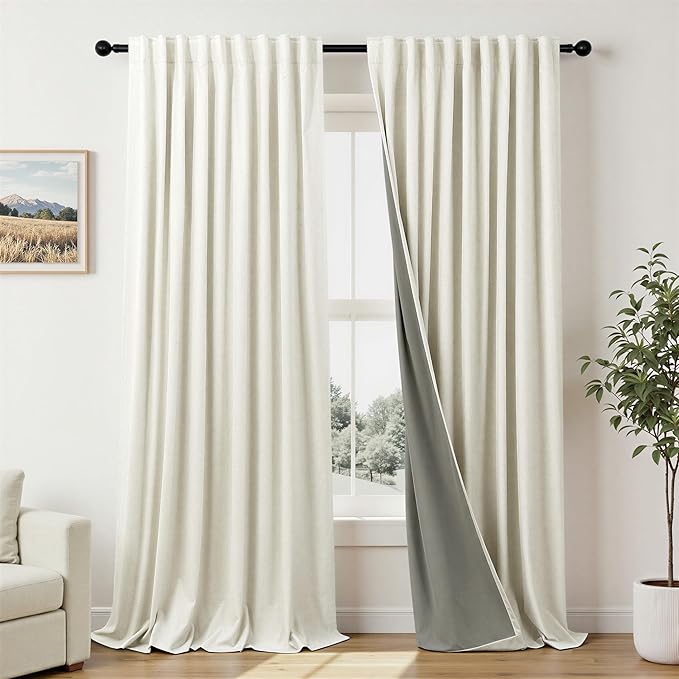 Extra Wide 70 Inch Blackout Curtains 96 Inches Long for Living Room Rustic Boho Room Darkening Textured Linen Drapes for Dining Room Office Insulated Ceiling to Floor Window 2 Panels 70x96 Cream Ivory